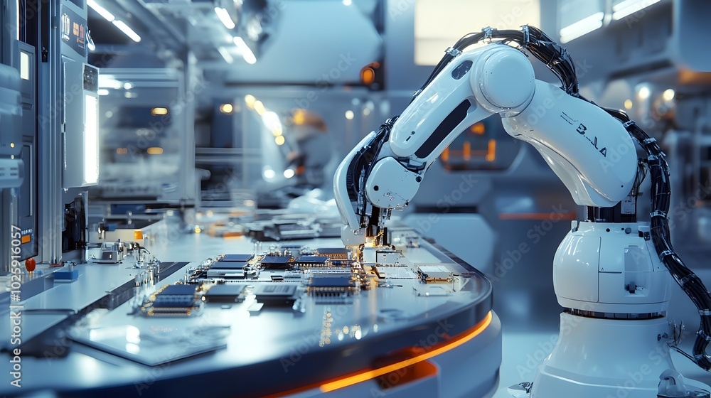 Poster high tech robotic arm assembling electronic components in futuristic lab