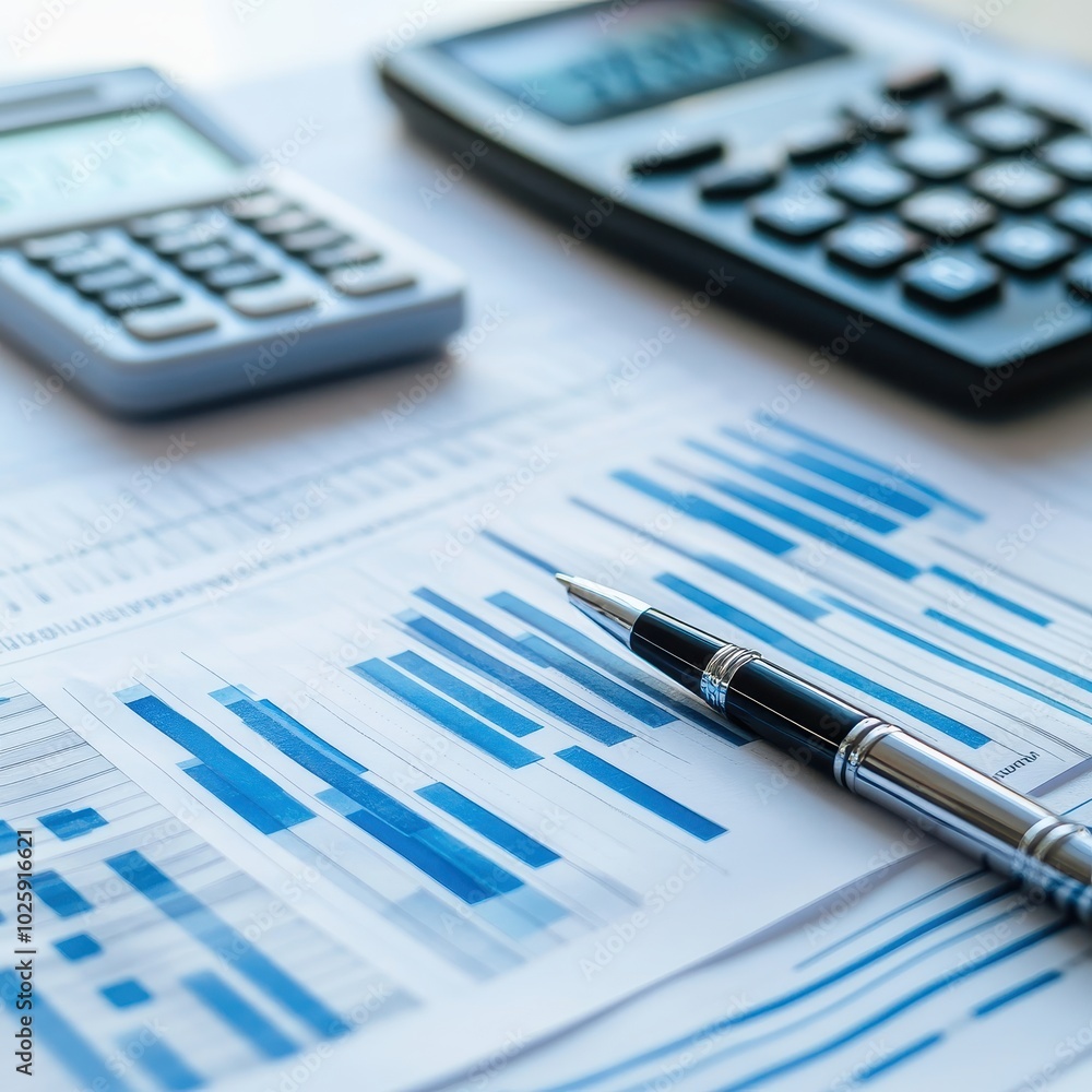 Poster close-up of a pen on a spreadsheet with charts and a calculator in the background