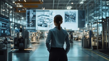 Obraz premium A woman stands in a high-tech factory, observing screens and machinery around her. She looks focused and engaged in her work environment.