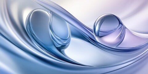Abstract 3D effect glass-like shapes with smooth curves in blue and purple tones, creating a fluid, futuristic appearance. The soft light reflections