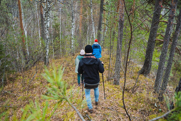 Fototapeta premium A diverse group of individuals is leisurely strolling through a lush, picturesque forest filled with a variety of trees, vibrant greenery, and the beauty of nature surrounding them