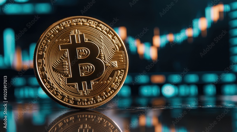 Poster bitcoin cryptocurrency coin with reflected image on a digital screen displaying financial data
