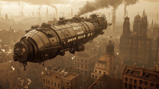 Steampunk Airship Flying Over Foggy Cityscape