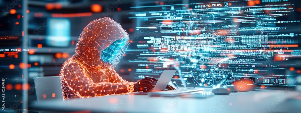 Poster a futuristic hacker works in a digital environment, surrounded by glowing data streams and holograph