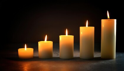 Set of pillar candles with flames illuminated, religious background, copy space, calm, meditation background.