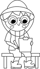 Vector black and white paleontologist icon. Archeologist boy in hat sitting and making notes on notepad. Historical dinosaur dig or excavations scientist, explorer line illustration or coloring page
