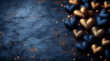 Obraz premium Dark mysterious Valentine's Day background with scattered gold and black hearts the contrast evoking a rich festive vibe perfect for romantic and luxurious celebrations