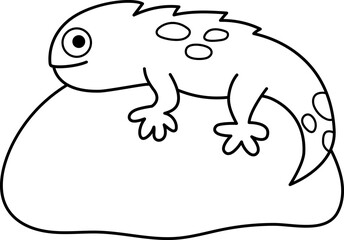 Black and white lizard lying on the rock. Funny animal illustration isolated on white background. Line reptile icon. Exotic tropical chameleon clipart or coloring page for kids