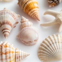 Obraz premium Closeup of Assorted Seashells on a White Background - Beach Decor, Summer Vacation, Nautical Theme.