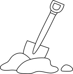 Vector black and white spade stuck in ground illustration isolated on white background. Line shovel icon with wooden handle. Vector garden, camping, archaeologist or paleontologist tool coloring page