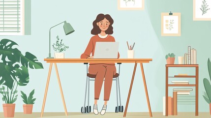 Woman Using Walking Aid While Working on Laptop at Home Office