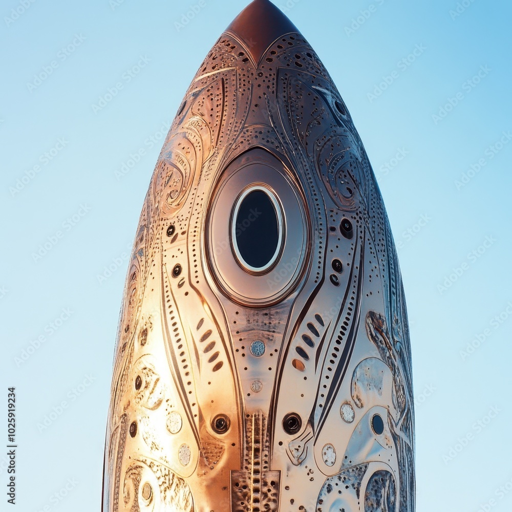 Poster close-up of a metallic rocket nose cone with intricate details and a circular window - futuristic sp