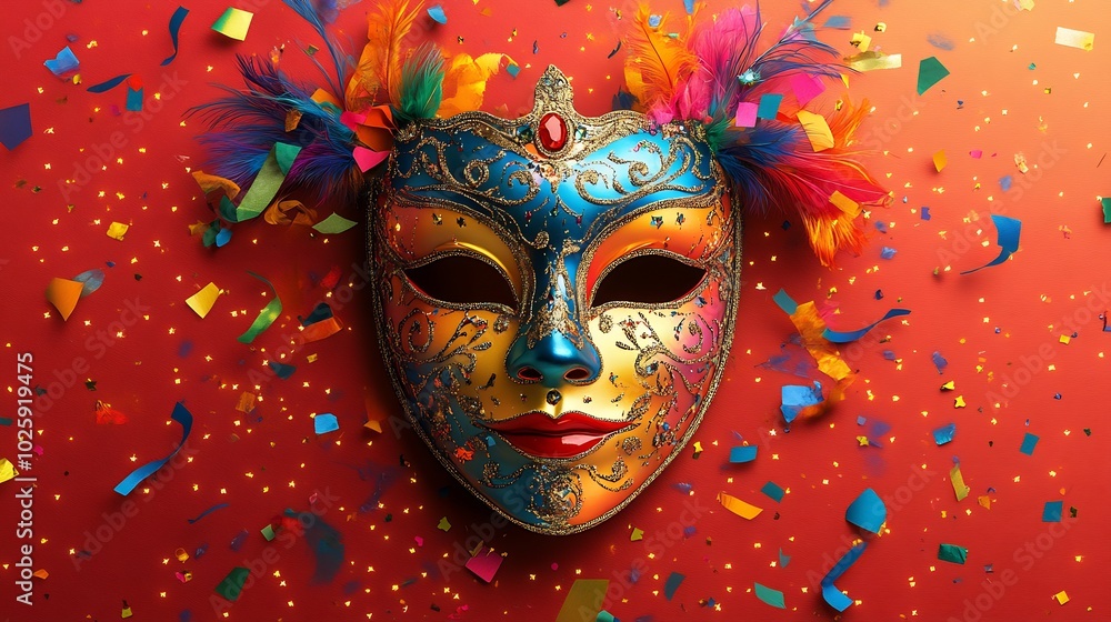 Aufkleber dazzling carnival mask in vivid multicolors resting on a festive banner with swirling confetti and c