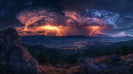 A stormy night with two simultaneous lightning strikes hitting a rocky hillside, illuminating the entire landscape and casting long shadows. The swirling clouds above glow with the intense light,