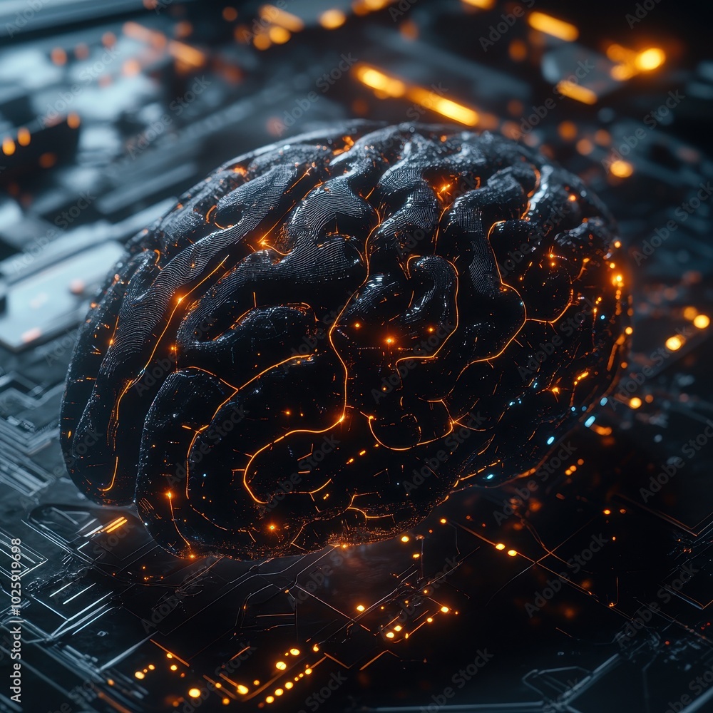 Poster 3d render of a human brain on a circuit board, artificial intelligence concept.