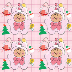 seamless pattern with angels, seamless pattern with animals, set of trees, flowers in pots, rabbit with gift, bunny and Santa, Christmas and cute bunny