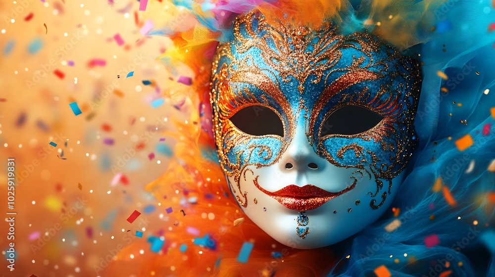 Poster Dazzling carnival mask in vivid multicolors resting on a festive banner with swirling confetti and colorful patterns providing ample space on the bottom for text creating a lively yet clean design