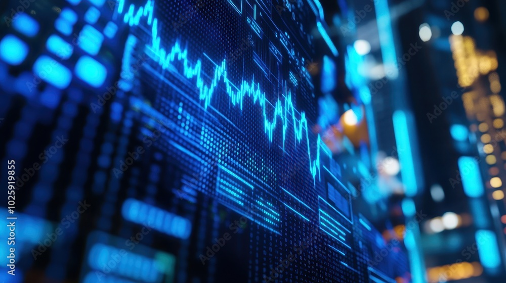Aufkleber abstract blue digital data and stock market chart on screen with bokeh lights background.