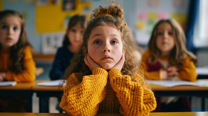 Curious girl in a classroom daydreaming while classmates focus on their work.