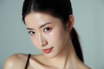 Naklejka premium A young woman with long black hair pulled back in a ponytail is wearing a black tank top. Her face is slightly angled towards the camera, and her lips are painted a light peach color.