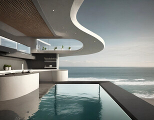 Modern coastal villa with infinity pool overlooking the ocean during sunset