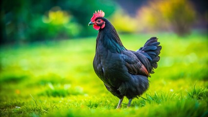Black Chicken on Green Lawn - Minimalist Nature Photography