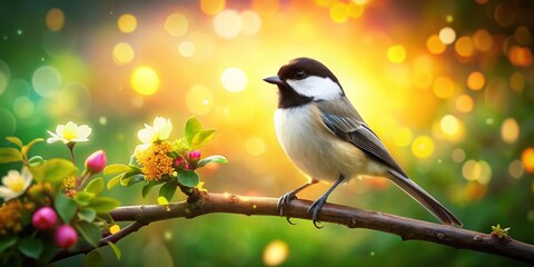 Obraz premium Black Crowned Chickadee in Sunlight on a Branch with Bokeh Effect