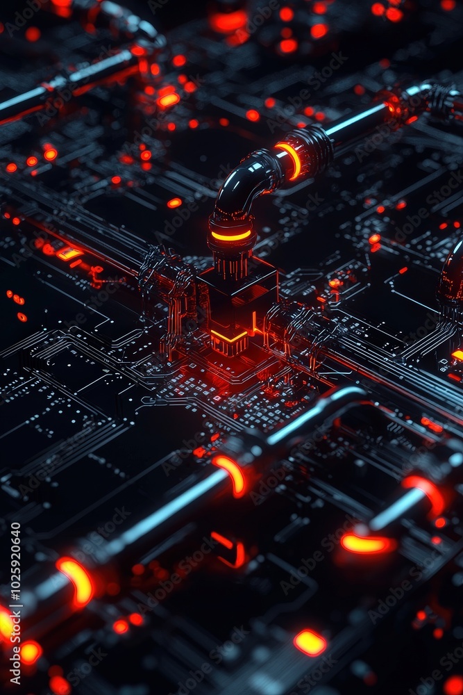 Poster detailed view of a futuristic tech circuit with glowing elements. the intricate network of pipes and