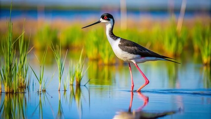 Obraz premium Black-necked Stilt Wading in Blue Water - Nature Documentary Photography