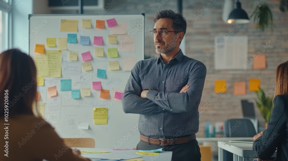 Poster a business meeting with a man presenting in front of a whiteboard filled with notes.
