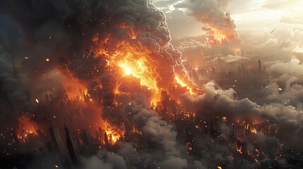 Apocalyptic Cityscape: Burning Skyscrapers and Smoke