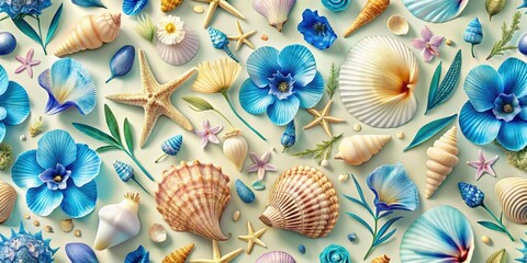 Fototapeta premium A seamless pattern featuring sea shells and blue petal flowers, perfect for enhancing your coastal decor with a touch of natural beauty and tranquility.