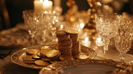 Fototapeta premium A lavish table setting featuring stacked gold coins, crystal glassware, and candlelight.