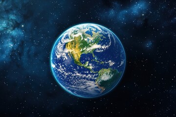 Obraz premium A vibrant depiction of Earth from space, showcasing continents, oceans, and a starry background, emphasizing our planet's beauty.