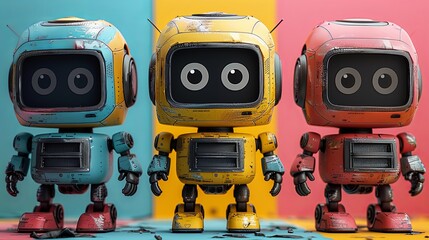 Fototapeta premium Cute 3D Robots Set Against Colorful Backgrounds for Technology Themes. A set of three adorable 3D robots, each with a unique design and personality, displayed against vibrant backgrounds. Vector
