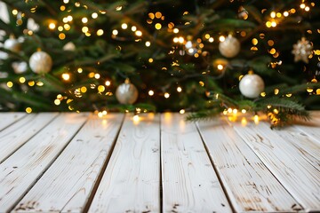 A simple white wooden table set against a cozy background of fuzzy Christmas lights, perfect for creating a festive and inviting holiday atmosphere.