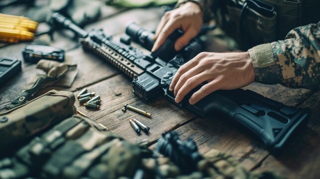 A soldier assembling a firearm on a wooden table surrounded by ammunition and gear.