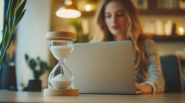 Hourglass stands on office desk where woman works with laptop. Concept of worker efficiency, deadlines and competent time management