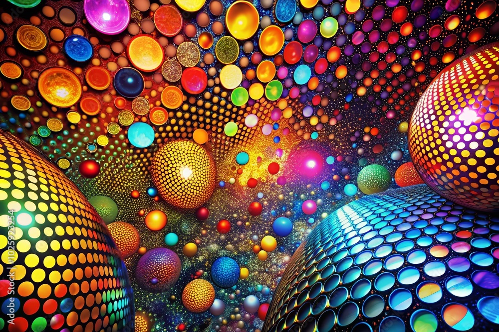 Poster bright abstract dots and circles creating a dynamic pattern in high dynamic range for visual impact