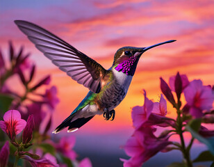 Fototapeta premium A vibrant hummingbird hovering among blooming flowers at sunset in a tropical garden