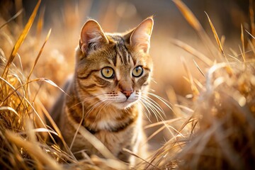 Brown Cat Hiding in Dry Grass - Tilt-Shift Photography for Nature Lovers