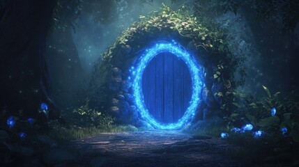Fototapeta premium Brightly colored blue fairy portal door in dark magical forest.