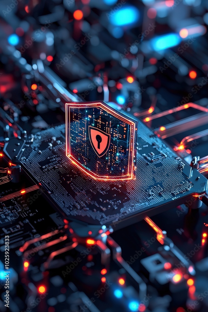 Poster a visually striking representation of digital security featuring a shield icon on a circuit board, s