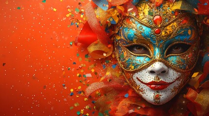 Detailed carnival mask bursting with colors surrounded by swirling confetti and ribbons on a clean banner with elegant space for text along the bottom to enhance the festive design