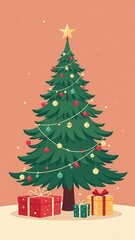 Christmas tree on a soft red background, vertical illustration