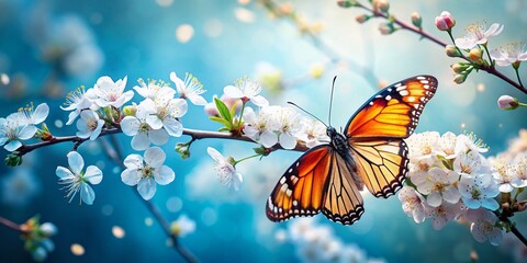 Butterfly on a Branch with White Flowers Against a Blue Background - Nature's Beauty in Fashion Photography