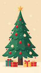 Christmas tree on a beige background, vertical illustration