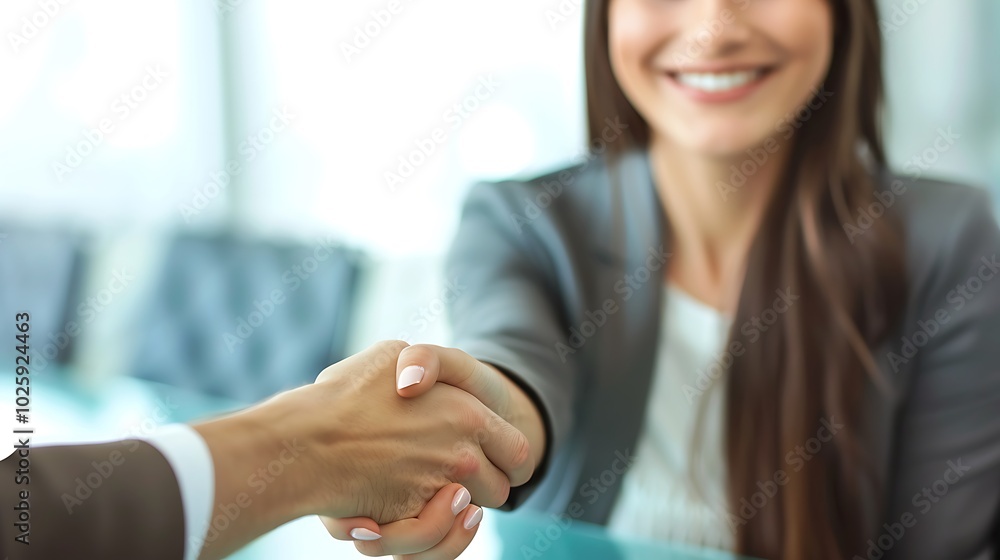 Poster job interview scene with a confident candidate shaking hands with the hiring manager across a sleek 