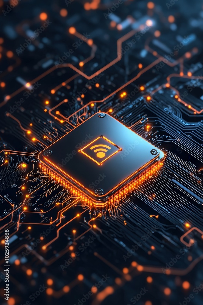 Poster this image showcases a close-up view of a processor on a circuit board, highlighting wireless techno