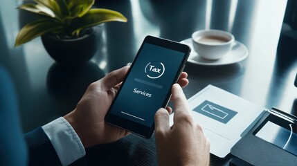 A person using a smartphone displaying tax service information, with a cup and plant nearby.